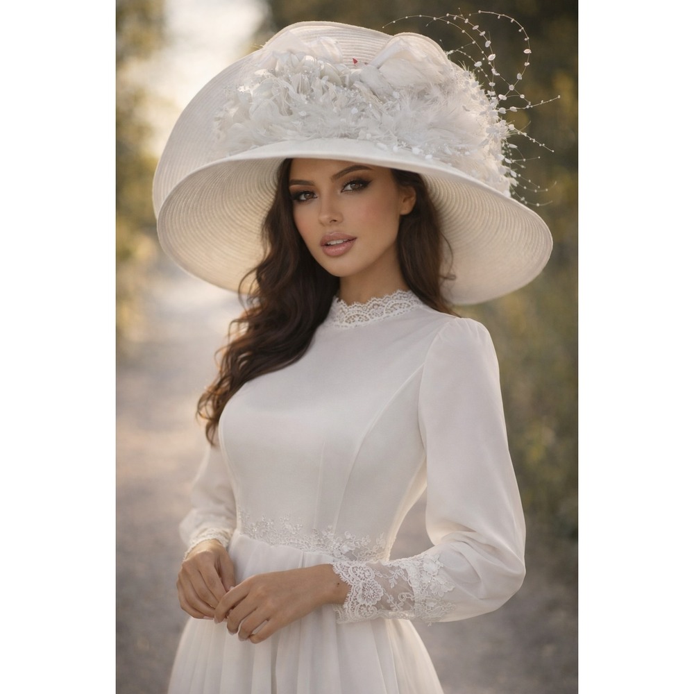 Elsie Massey Victorian Style Hat Lace Wide Brim Ivory Bridal Derby White Bird